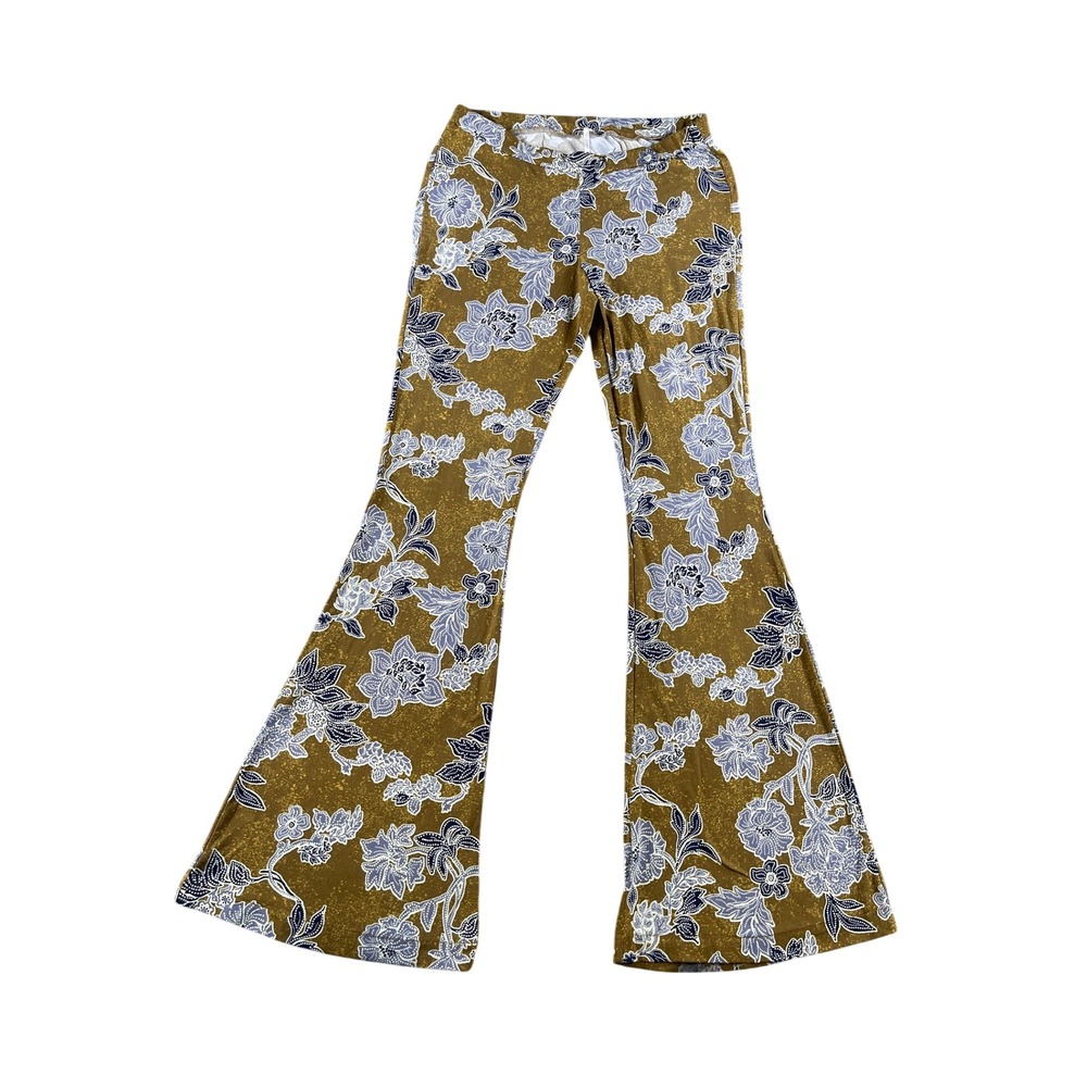 Free People Floral Flare Bell Bottom Pants Mustard Gold Navy Small OB523425